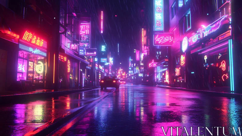 Rain-soaked neon boulevard in dense cyberpunk high-rise district