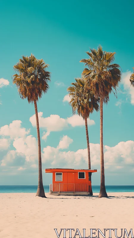 Red Lifeguard Shack Between Palm Trees on Beach.