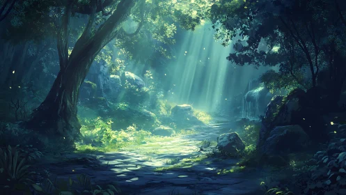 Enchanted Forest Glade with Waterfalls and Ethereal Light
