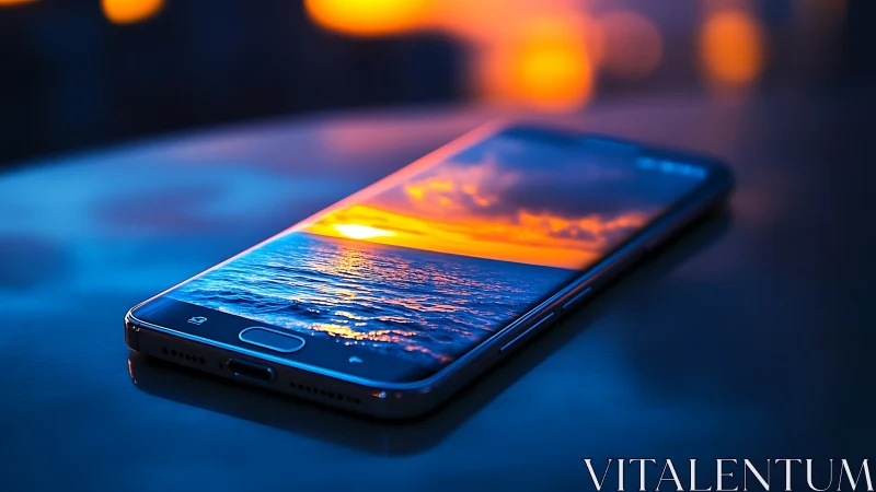 Smartphone Display Rendering Oceanic Sunset with Chromatic Aberration and Depth-of-Field Effects