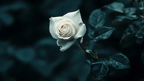 Gentle white rose glows softly against deep teal leaves