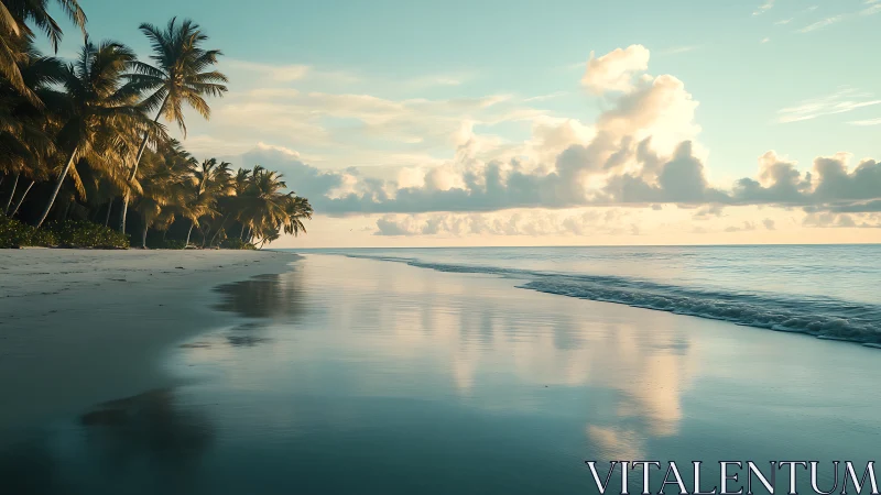 Tropical Beach at Golden Hour with Palm-Lined Shoreline.