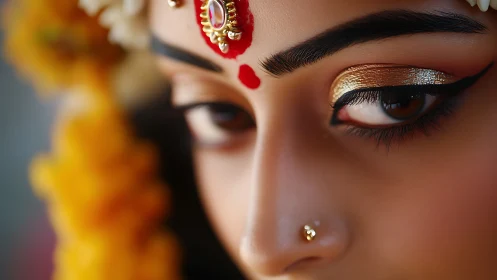 Closeup Indian bridal eyes with gold shadow and bindi.