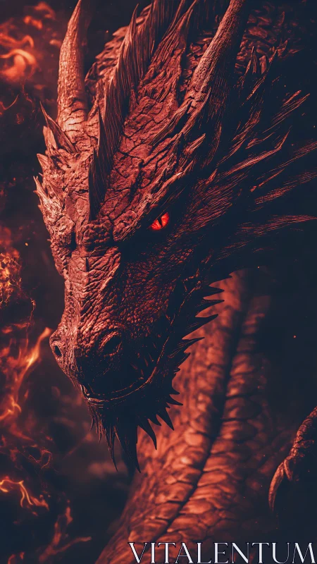 Firelit red dragon head turns through swirling embers