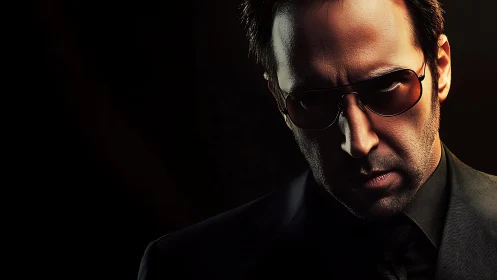 Serious man in dark suit and sunglasses against black space.