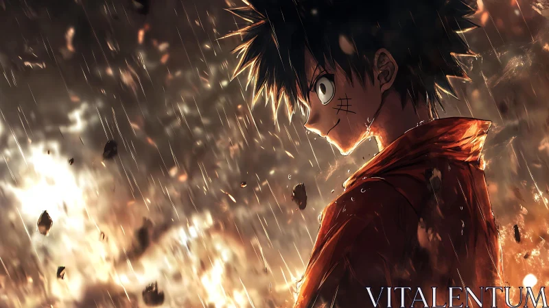 Storm-lit anime warrior smiles through falling embers and rain.