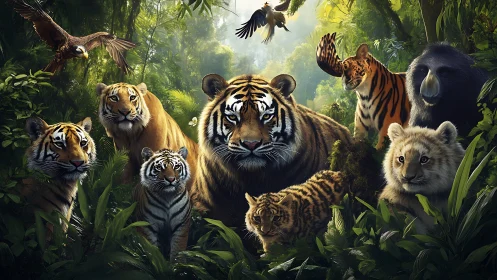 Jungle Predators: Wild Tigers and Lions Unite in Misty Forest