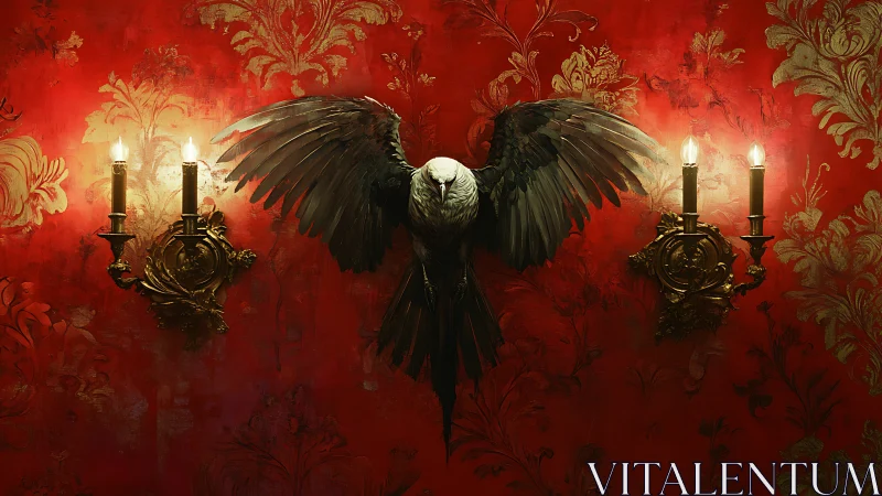 Digital painting of cruciform raven on baroque red wall.