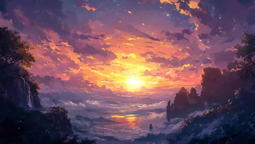 Dreamlit cliffs under a glowing ocean sunrise sky.