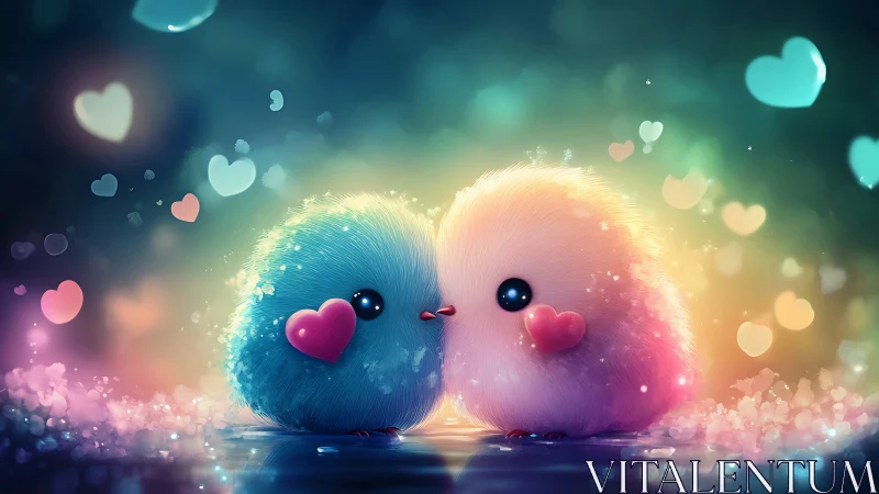 Two Fluffy Birds Share a Dreamy Moment of Love.