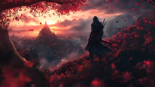 Crimson leaves escort a lone wanderer toward the ember citadel