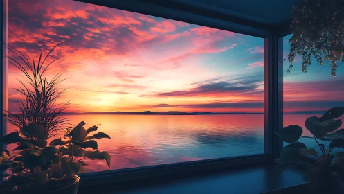 Panoramic bay sunset framed by indoor foliage silhouettes