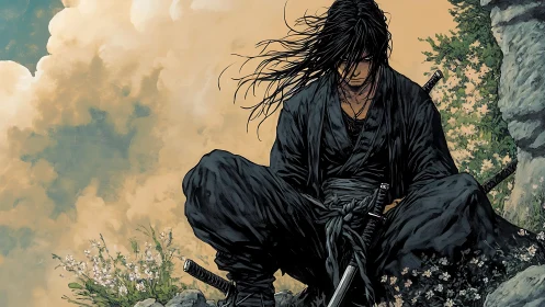 Solitary samurai rests in wildflowers beneath stormy skies