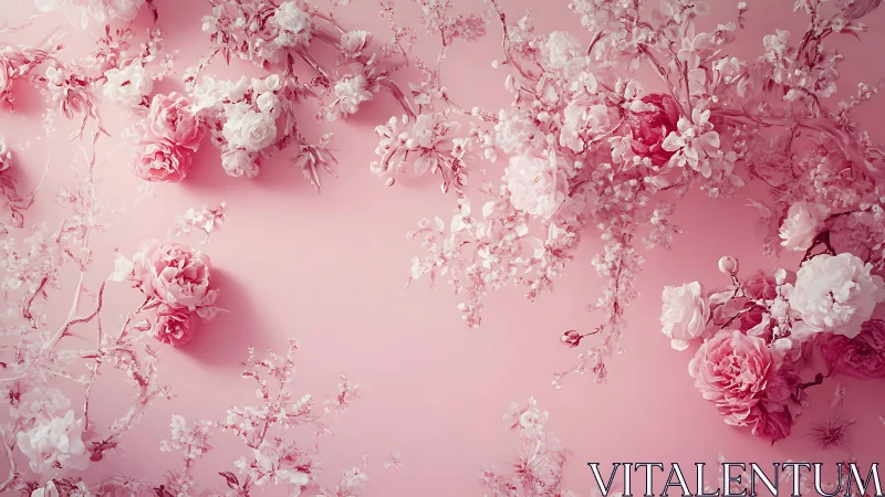 Cascading Pink and White Flowers on Soft Rose Background.