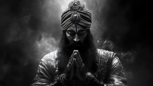 Serene turbaned figure in quiet prayerful reflection.