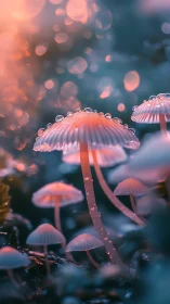 Tiny forest mushrooms glow softly in dreamy sunset light