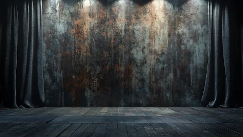 Brooding industrial stage under solitary gallery lights.