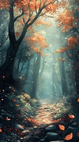 Atmospheric forest pathway with volumetric light and falling autumn foliage