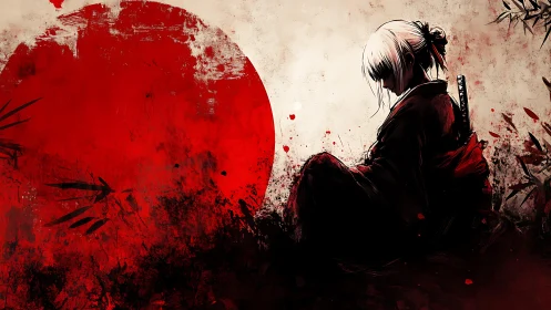 Solitary katana bearer in red-ink sunfield composition.