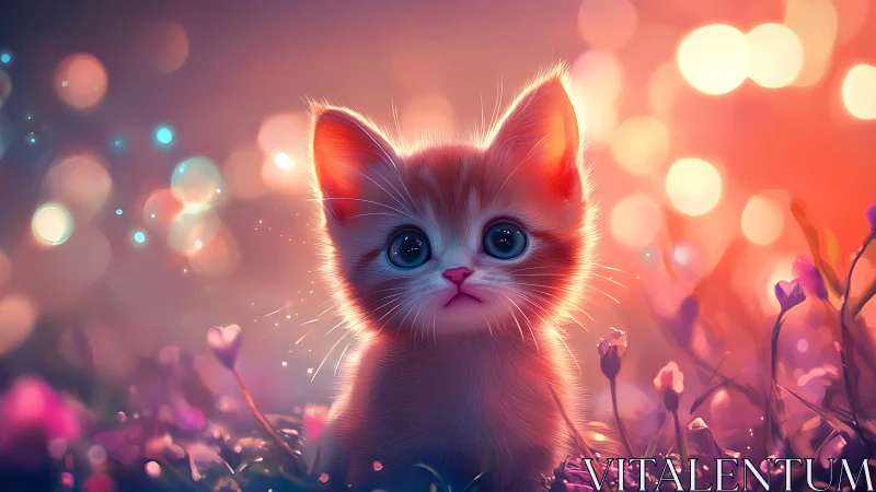 Ethereal Kitten Portrait with Luminous Bokeh Background and Floral Setting