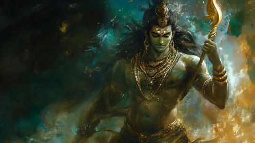 Warrior deity figure holding trident in dynamic pose.