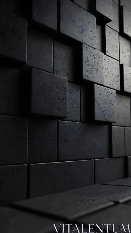 Matte black cubes form staggered geometric relief wall.