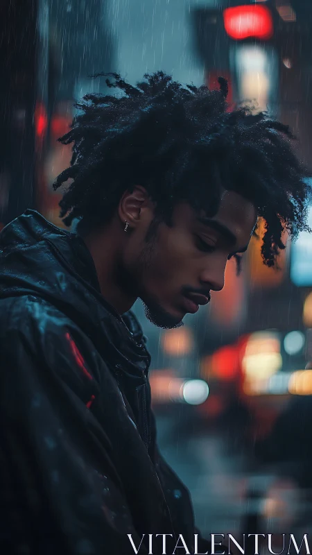Side-profile male figure in rainy night urban street scene.