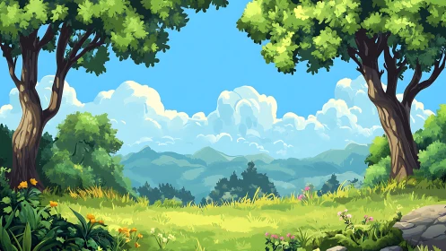 Serene Valley Framed by Ancient Trees and Mountains