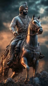 Noble warrior on horseback bathed in soft golden light.