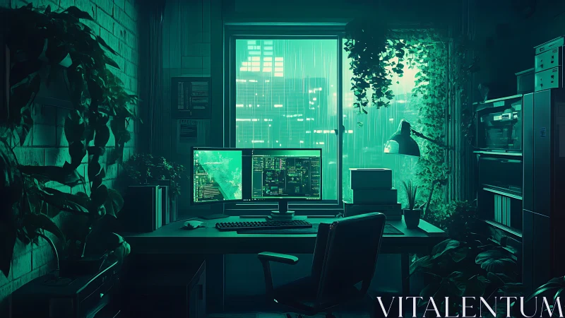 Neon city coder enjoys a calm night in a lush green workspace