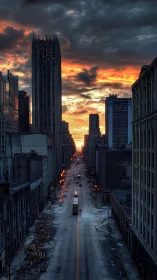 Deserted downtown street under dramatic sunset sky.
