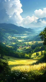 Sunlit valley curls between mountains, cradling tiny villages