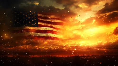 American Flag Superimposed Over Apocalyptic Fiery Sky