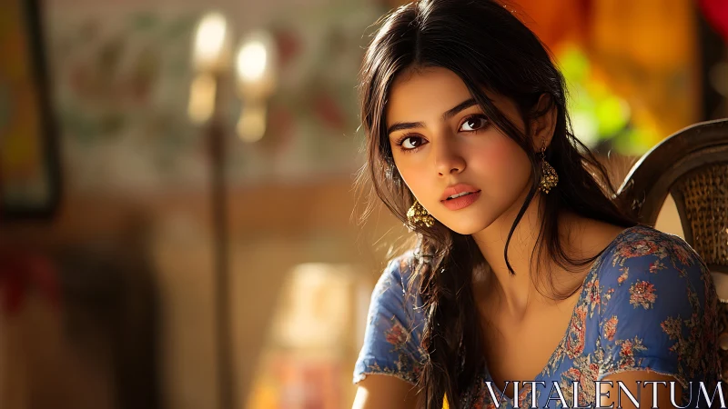 Portrait study of young woman in warm ambient light.