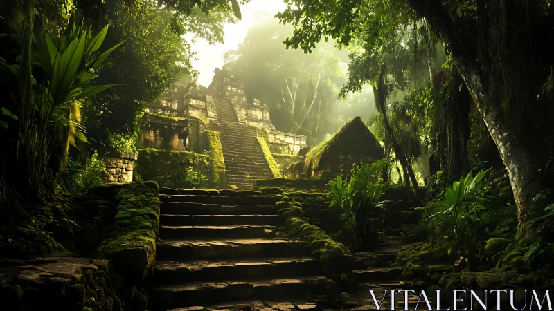 Moss-covered stone stairway ascends toward mist-lit jungle temple ruin