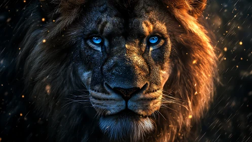 Majestic blue eyed lion emerges from glowing embers at night