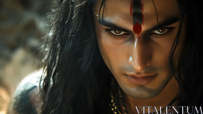 Ember-eyed warrior leans into the light and dares the shadows