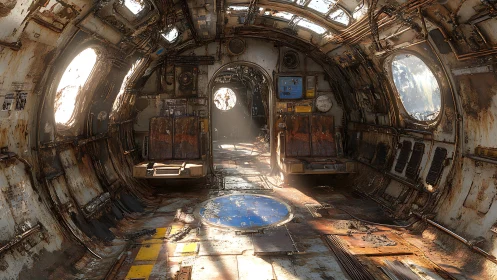 Abandoned rusted spacecraft interior lit by soft daylight.