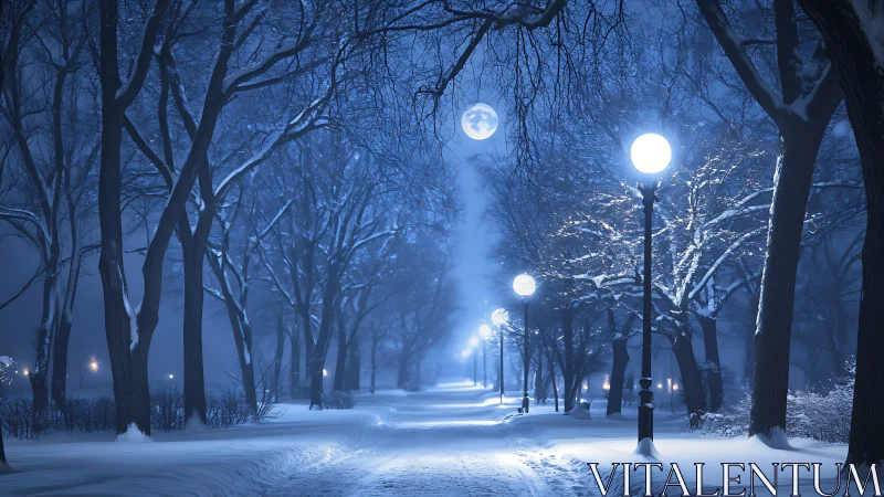 Snow-covered park path under lamps and full moon at night.