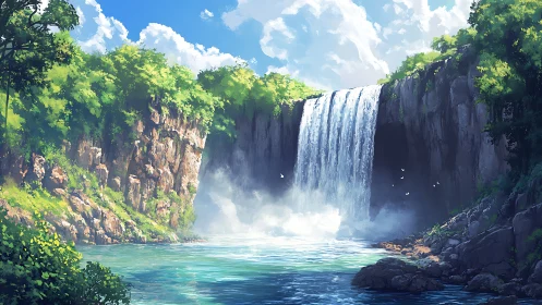 Sunlit cliffside waterfall pouring into tranquil lagoon.