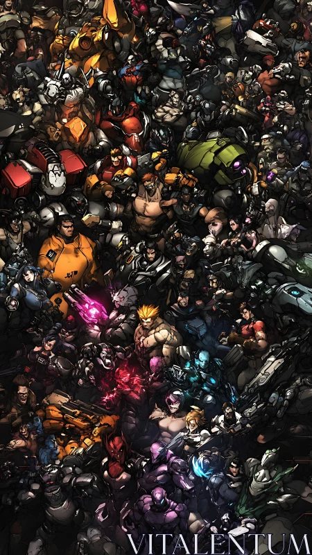 Crowded hero clash of armored warriors and glowing powers.