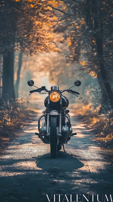 Vintage motorcycle stands on forest path in warm backlight