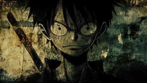 Brooding anime swordsman stands against grungy urban wall