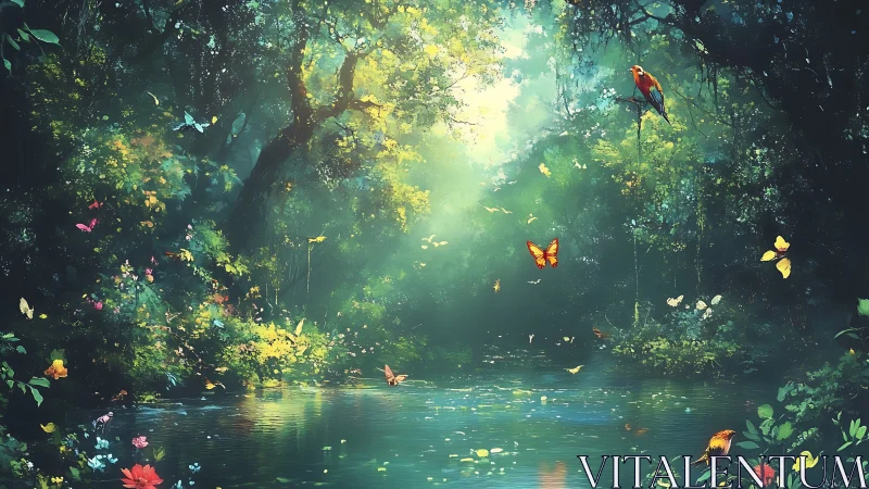 Lush forest pond with butterflies and birds under soft light
