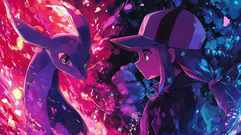Trainer and dragon share a vivid neon dreamscape moment.