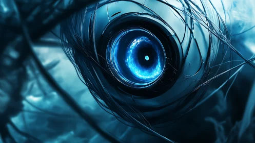 Cryogenic cybernetic iris with tangled neural cabling focus.