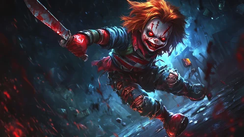 Killer clown doll charges forward with bloodied knife raised