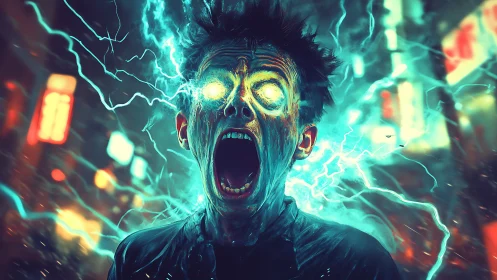Electrified screaming figure with glowing eyes in neon chaos