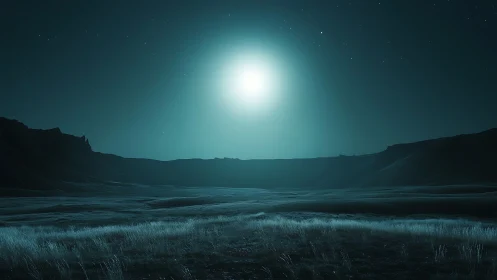 Lunar-illuminated basalt valley under cyan nocturnal gradient.