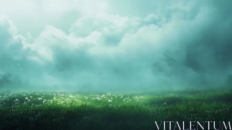 Misty wildflower meadow resting beneath soft rolling clouds.
